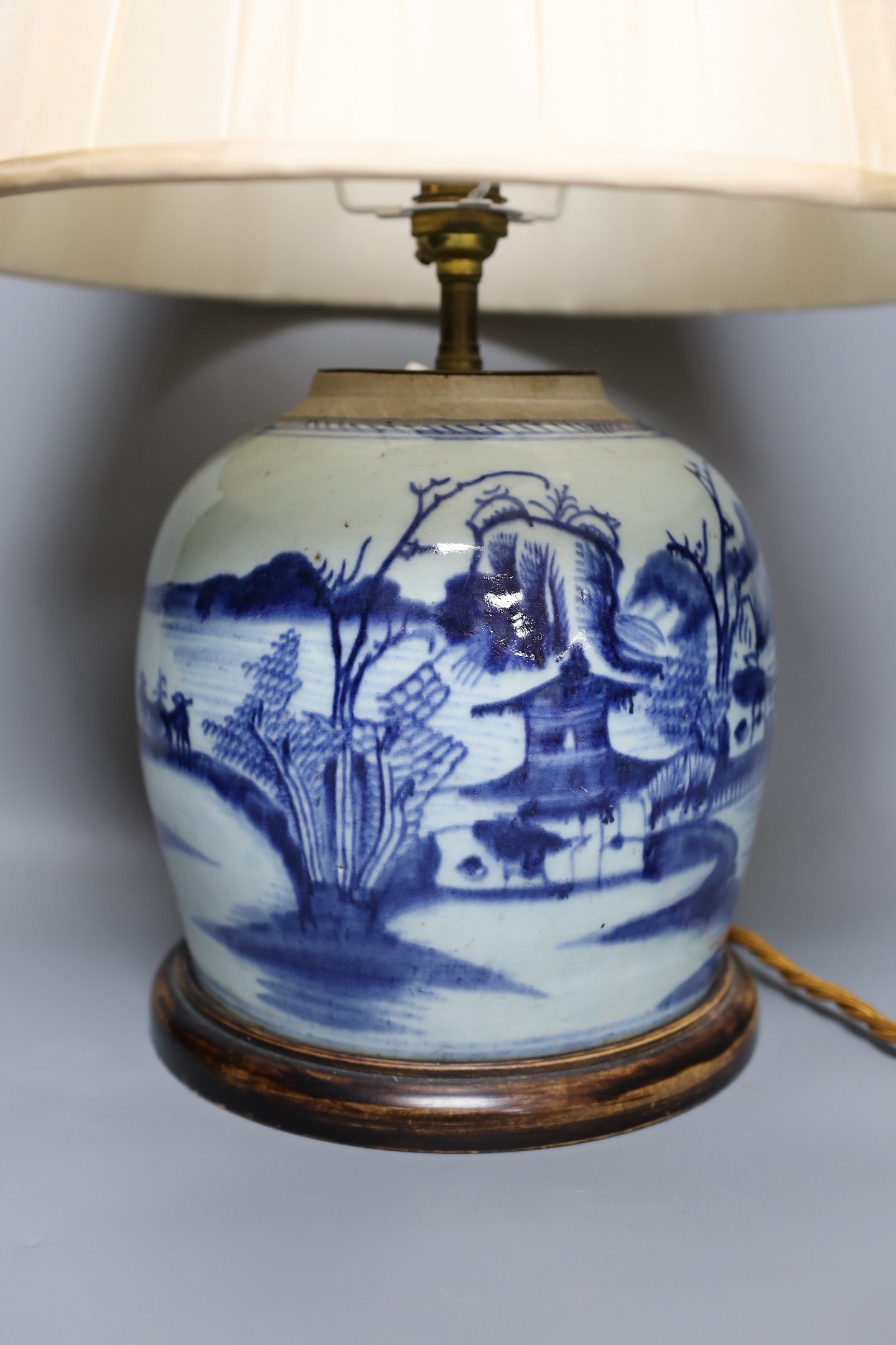 A 19th century Chinese blue and white vase converted into a lamp with shade, overall 49cm tall
